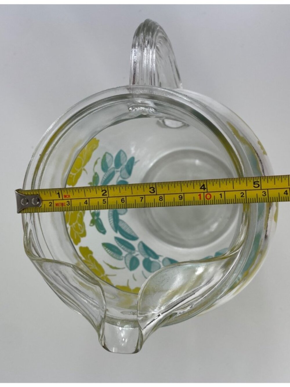 Vintage Federal Glass Pitcher Yellow Flowers Green Leaves Ice Lip Pour Spout - Picture 10 of 12